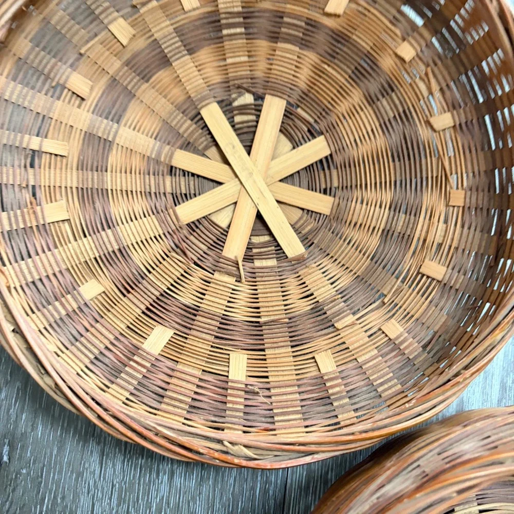 Vintage Handwoven Round Wicker Basket with Lid Brown Tan Boho Storage 8 Inch